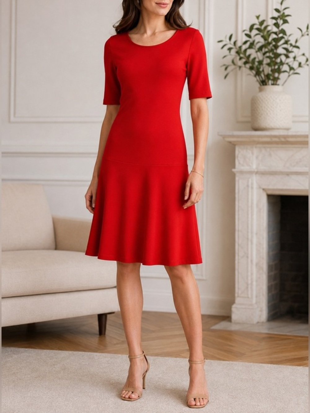 Ann Taylor‎ Red Pleated Drop Waist Short Sleeve Knit Dress Size XS/Med